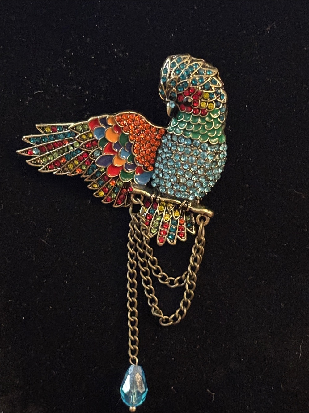 Multicolor Macaw Brooch with Blue Dangle